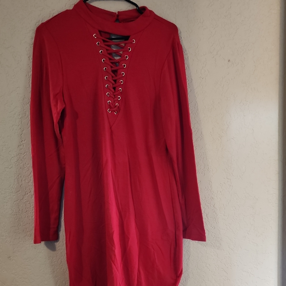 Material Girl Red Tie Front Long Sleeve Dress